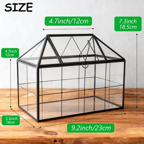 Miniatura 2 de HighFree Maceta geométrica de terrario con tapa giratoria, caja de vidrio negra hecha a mano en forma de casa, terrario miniatura de mesa vintage