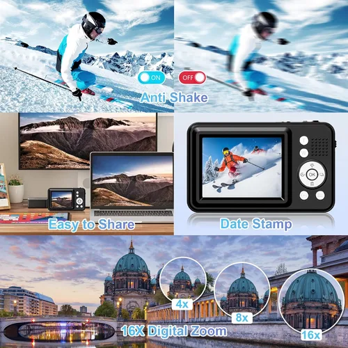 Miniatura 4 de Cámara digital, FHD 1080P Point and Shoot Cámara para niños, con tarjeta de 32 GB, zoom 16X antivibración, 48 MP compacto portátil pequeño
