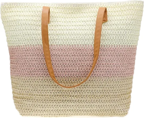 Miniatura 3 de Bolso grande de paja para mujer, tejido de ratán, bolso de playa de verano, a rayas
