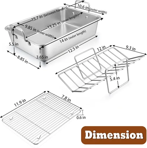 Miniatura 2 de P&P CHEF Bandeja Asadora de 14 pulgadas con rejilla para hornear y rejilla en forma de V, bandeja rectangular de acero inoxidable para lasaña