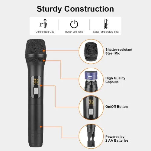 Miniatura 7 de NG-9 UHF Sistema de micrófono inalámbrico dual con 2 micrófonos dinámicos de mano, antiinterferencias de grado profesional, micrófono de dos manos
