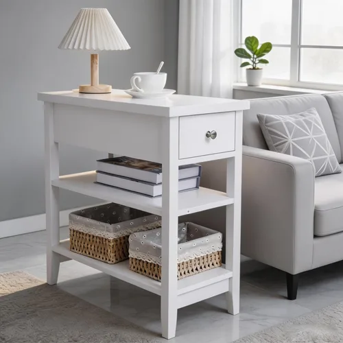 Mesa auxiliar con cajón y estantes dobles, mesa auxiliar para sofá, mesita de noche para espacios pequeños, sala de estar, dormitorio, oficina Blanco