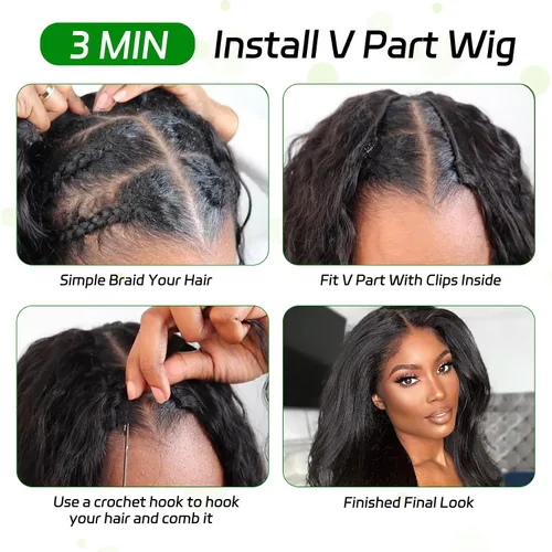 Miniatura 7 de Forevermore Yaki - Peluca de cabello humano lacio con parte en V, para mujeres negras, 12 pulgadas, sin pegamento, parte en U, con clips, sin dejar