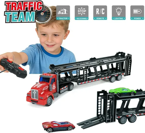 Miniatura 5 de Camión transportador de automóviles a control remoto incluye 6 coches, 14 pulgadas 1:48 de juguete transportador de automóviles semirremolque