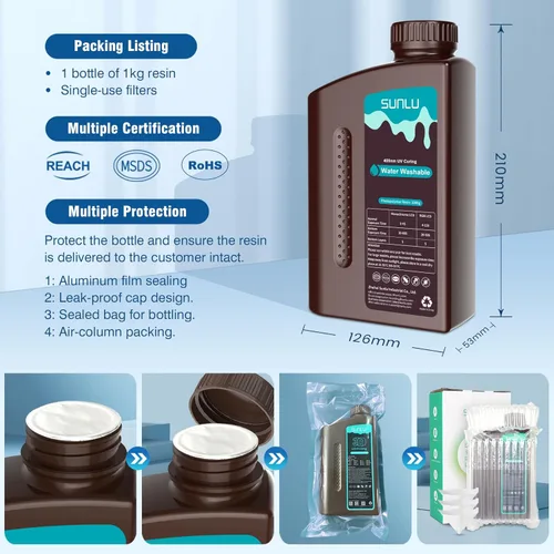 Miniatura 6 de SUNLU - Resina lavable al agua de 1000 g, resina de impresora 3D de curado rápido para impresoras 3D de resina LCD DLP SLA, resina de fotopolímero