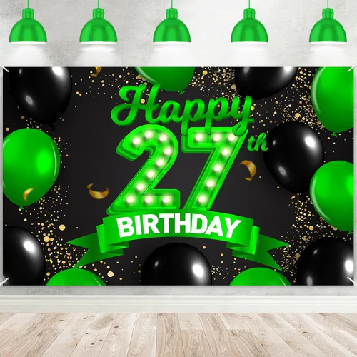 Miniatura 61 de Cartel de feliz cumpleaños 26 verde y negro, telón de fondo con texto en inglés "Cheers to 26 years old confeti", globos de confeti, decoración