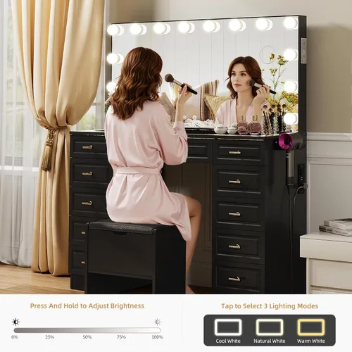 Miniatura 4 de VOWNER Tocador con espejo iluminado, escritorio de maquillaje con parte superior de cristal con altavoz Bluetooth, 14 luces y 11 cajones, 3 modos