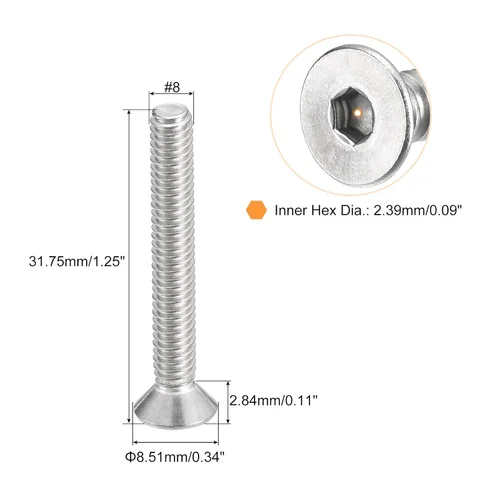 Miniatura 2 de uxcell #8-32x1-1/4 Tornillos de cabeza avellanada plana, 25 piezas de tornillos de cabeza plana con rosca completa de acero inoxidable 304, pernos