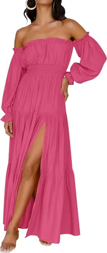 ZESICA - Vestido largo, bohemio y sexy, con hombros descubiertos y manga larga fruncida, con elástico fruncido, cintura alta y abertura lateral,