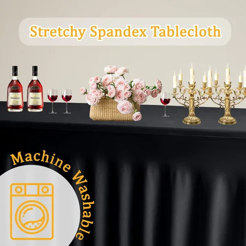 Miniatura 7 de JCJ Faldón de mesa para mesas rectangulares, manteles negros ajustados de spandex para mesas de 4 pies, faldones de mesa elásticos con volantes