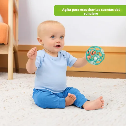 Miniatura 3 de Bright Starts Oball - Sonajero fácil de agarrar sin BPA, juguete infantil en color verde azulado, edad recién nacido y más, 4 pulgadas