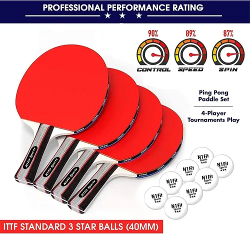 Miniatura 4 de N1fit Paletas de ping pong – Juego de 4 raquetas de alto rendimiento de 5 capas, 8 pelotas de tenis de mesa profesionales de 3 estrellas, estuche