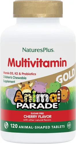 NaturesPlus Animal Parade Gold Multivitamínico para niños, cereza, 120 tabletas masticables en forma de animal, paquete de 2, vegetarianos, sin