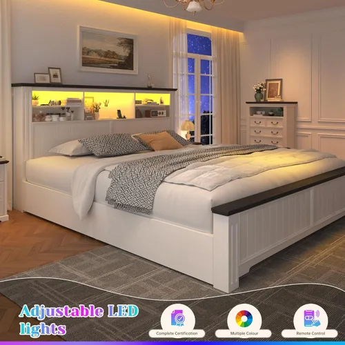 Miniatura 5 de EnHomee Marco de cama tamaño king con cabecero y almacenamiento, 4 cajones y estación de carga LED incorporada, marco de cama tamaño king con Blanco