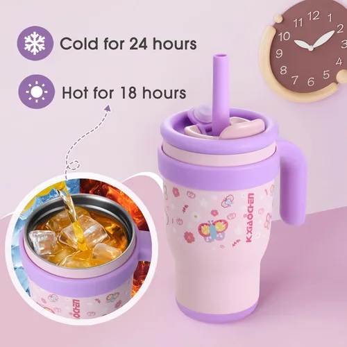 Miniatura 7 de KXIAOCHEN Vaso para niños de 14 onzas con asa para evitar derrames, vaso aislado reutilizable de acero inoxidable para niños pequeños, mantiene