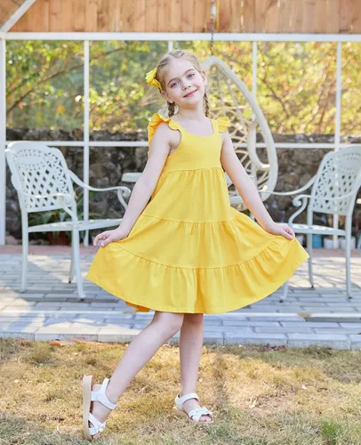 Miniatura 2 de Vieille Vestido de verano para niñas pequeñas, con volantes, sin mangas, casual, vestido de playa, escalonado, vestido de princesa para 2-8 años