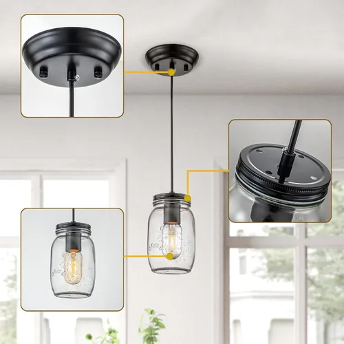 Miniatura 4 de Lámpara colgante ajustable para isla de cocina, 1 luz colgante de cristal Mason Jar (2 unidades)