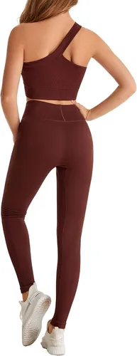 Miniatura 6 de Yknktstc Conjuntos de entrenamiento para mujer, brasier deportivo acanalado sin costuras, traje de 2 piezas, cintura alta, gimnasio, yoga, leggings