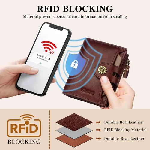 Miniatura 5 de Cartera de cuero con doble pliegue para mujer, bloqueo RFID, tarjetero compacto, cartera pequeña con ventana para identificación extraíble, Retro