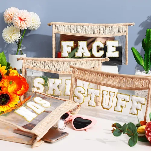 Miniatura 3 de Sanwuta Juego de 4 bolsas de maquillaje de parches de preparación – Diseño de letras de chenilla transparente – Nylon impermeable y TPU