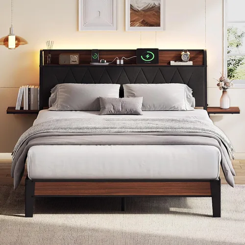 Miniatura 9 de WLIVE Base de cama individual con cabecero, base de cama tapizada con 2 estantes de almacenamiento, cama de plataforma con luces LED y estación