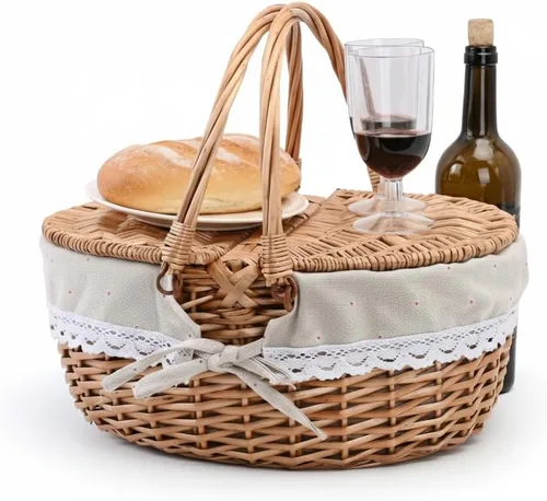 Miniatura 4 de Cesta de picnic de mimbre con tapa y asa, cuerpo tejido resistente con forro lavable, flores pequeñas