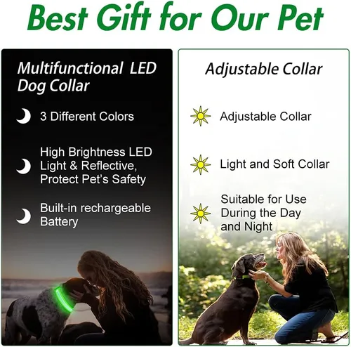 Miniatura 5 de YFbrite Collar de perro LED ajustable ultraligero, collares de perro con luz recargable que brilla en la oscuridad, collares de visibilidad y Verde