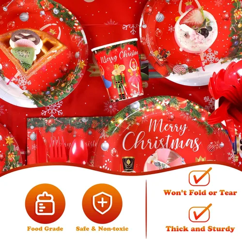 Miniatura 4 de Ziliny 172 piezas de suministros de fiesta de cascanueces – Cartel de Feliz Navidad, mantel, vajilla desechable, servilletas para fiestas temáticas