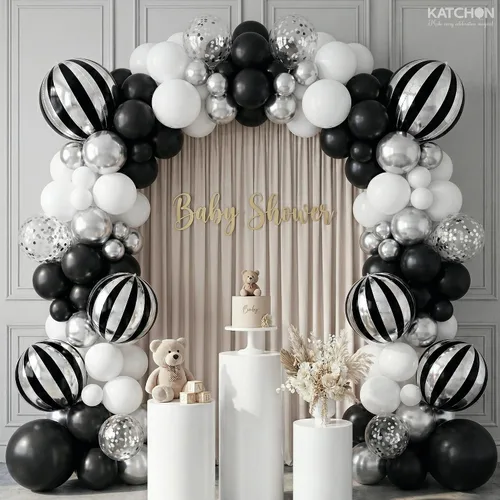 Miniatura 6 de Katchon, Globos grandes de color negro y plateado, 22 pulgadas, paquete de 6, globos a rayas para decoraciones de fiesta en negro y plateado