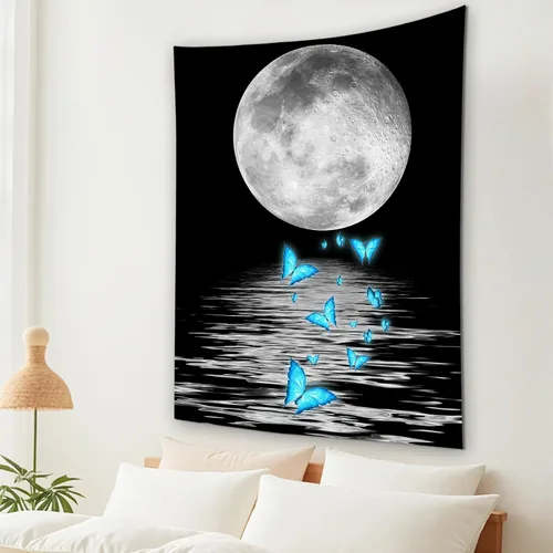 Miniatura 18 de LB Tapiz pequeño de luna llena sobre océano, tapiz de pared de cielo nocturno estrellado, fantasía 3D, arte de pared de luna grande en blanco