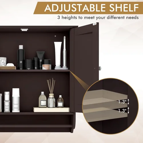 Miniatura 5 de Tangkula Armario de baño montado en la pared, botiquín de baño con barra y puerta doble, estante ajustable, almacenamiento sobre el inodoro, Marrón