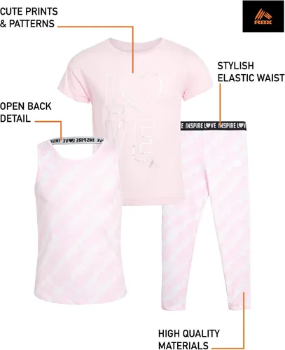 Miniatura 2 de RBX Conjunto deportivo para niña - Camiseta de manga corta de alto rendimiento, camiseta sin mangas y leggings capri (4-12)