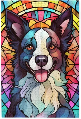 Miniatura 10 de Rompecabezas de Madera de Vidrio Colorido Manchado de Amantes de Perros Pastor Australiano de 1000 Piezas de Pintura Artística para Niños Adultos