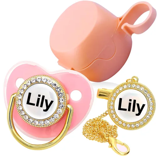 Miniatura 6 de Chupete personalizado con nombre, set de clip para chupete dorado brillante con caja de almacenamiento, chupete personalizado con purpurina