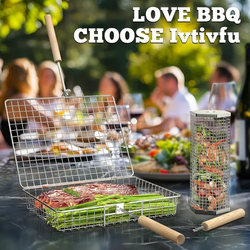 Miniatura 6 de Ivtivfu Juego de cesta para parrilla, mango de madera removible, acero inoxidable 304, herramientas de barbacoa con ruedas, accesorios para parrilla