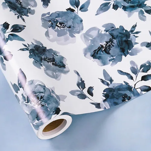 Miniatura 2 de RUSPEPA Papel de regalo reversible floral para niñas y mujeres, mini rollo, acuarela azul floral y azul sólido papel de regalo para cumpleaños, Rosa