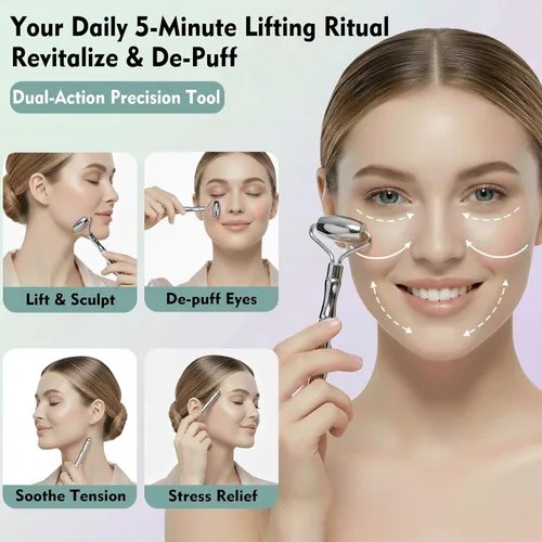 Miniatura 3 de Juego de rodillo facial de acero inoxidable 3 en 1 y Gua Sha – Herramientas de masaje facial de enfriamiento para esculpir, deshinchar y definir