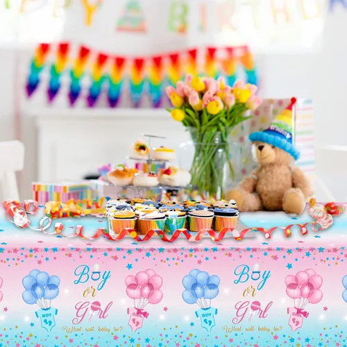 Miniatura 6 de Mixweer 3 piezas de mantel para revelación de género, suministros para fiesta de revelación de género, mantel de plástico impermeable para niños