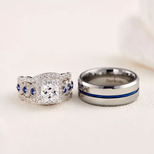 Miniatura 4 de Newshe - Juego de anillos de boda para él y para ella, de tungsteno y plata esterlina, con circonia cúbica, para la pareja, tallas 5 a 12
