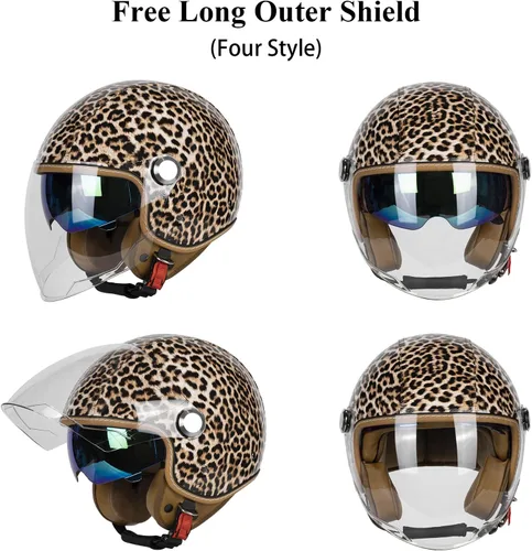 Miniatura 4 de Casco de motocicleta de cuero PU brillante vintage 3/4, con certificación DOT, con visor doble, casco de cara abierta, casco de media cara