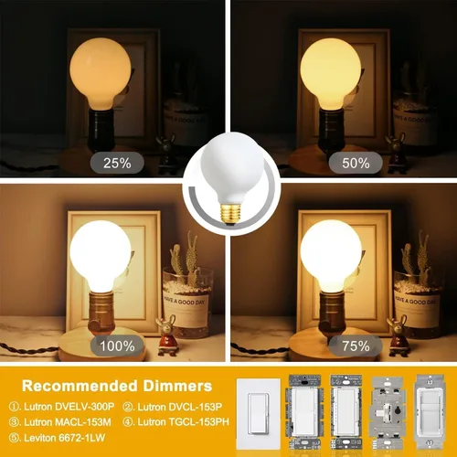 Miniatura 4 de Leools - Bombilla LED G25/G80 regulable sin parpadeo mate 6 W de vidrio esmerilado CRI95, luz blanca cálida 600 lm, bombilla LED Edison estilo globo