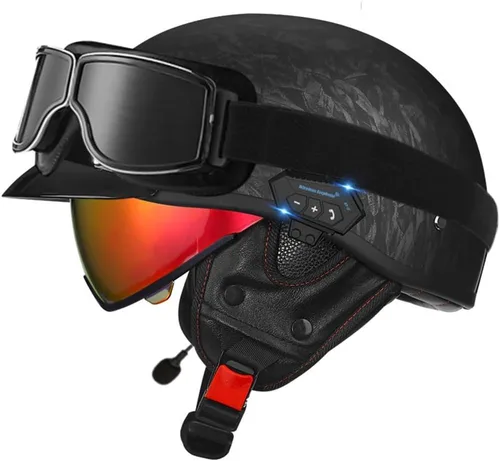 Miniatura 18 de Casco de cara abierta con Bluetooth para hombres y mujeres, casco retro de estilo alemán con diseño de calavera, visera con gafas, casco de media