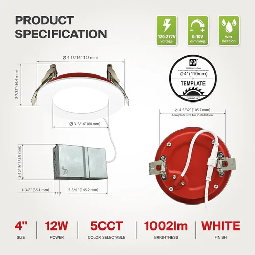 Miniatura 7 de ASD Luz empotrable con clasificación de fuego de 4 pulgadas, 5 colores 2700 K/3000 K/3500 K/4000 K/5000 K, 840 lúmenes, clasificación de fuego de 2