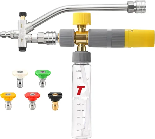 Tool Daily Cañón de espuma con doble conector, cañón de espuma mini para lavadora a presión, 5 puntas de boquilla de rociador de lavado a presión,