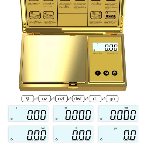 Miniatura 2 de Báscula digital Gram 7.05 oz x 0.00 oz, báscula de bolsillo chapada en titanio dorado con pantalla LCD retroiluminada, 6 unidades, tara, apagado