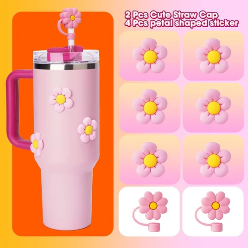 Miniatura 2 de Juego de accesorios compatibles con Stanley Cup, incluye 2 tapones de silicona a prueba de derrames, 6 piezas de decoración de pétalos para vaso