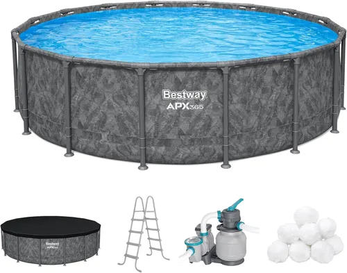 Miniatura 10 de Bestway APX 365 - Piscina sobre el suelo de 18 x 52 pulgadas, juego de piscina redonda con marco de metal con bomba de filtro de arena, escalera