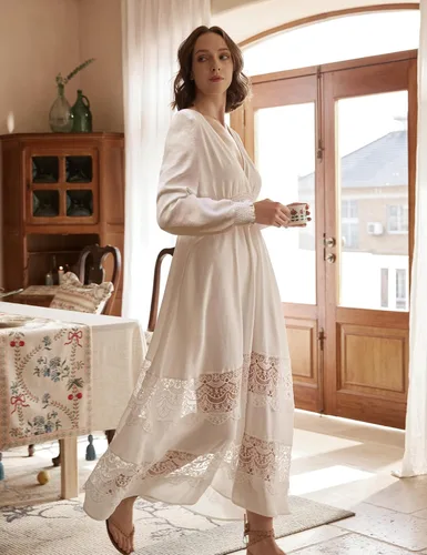Miniatura 39 de Vestido largo de encaje para mujer de manga corta y cuello en V, vestido de fiesta estilo bohemio con cintura fruncida, vestido bohemio para mujer