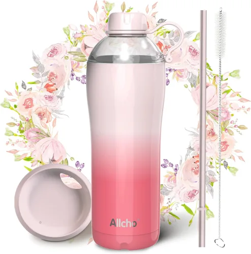 Miniatura 22 de Bow - Botella de agua aislada para mujeres, botellas de agua de acero inoxidable de 18 oz, de doble pared, 2 tapas (para beber y vaso) - Hidrata