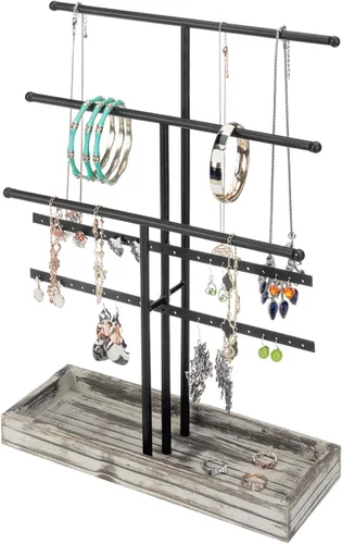 MyGift - Estante organizador de joyería de metal negro de 3 niveles con collar y barras en T perchas para pendientes y bandeja de madera para anillos